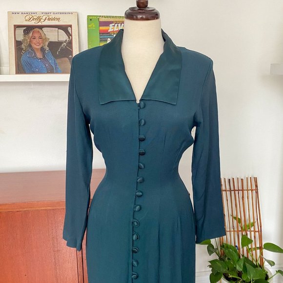 80s Vintage Jade Green Button Down Pencil Dress Size S - Picture 5 of 6